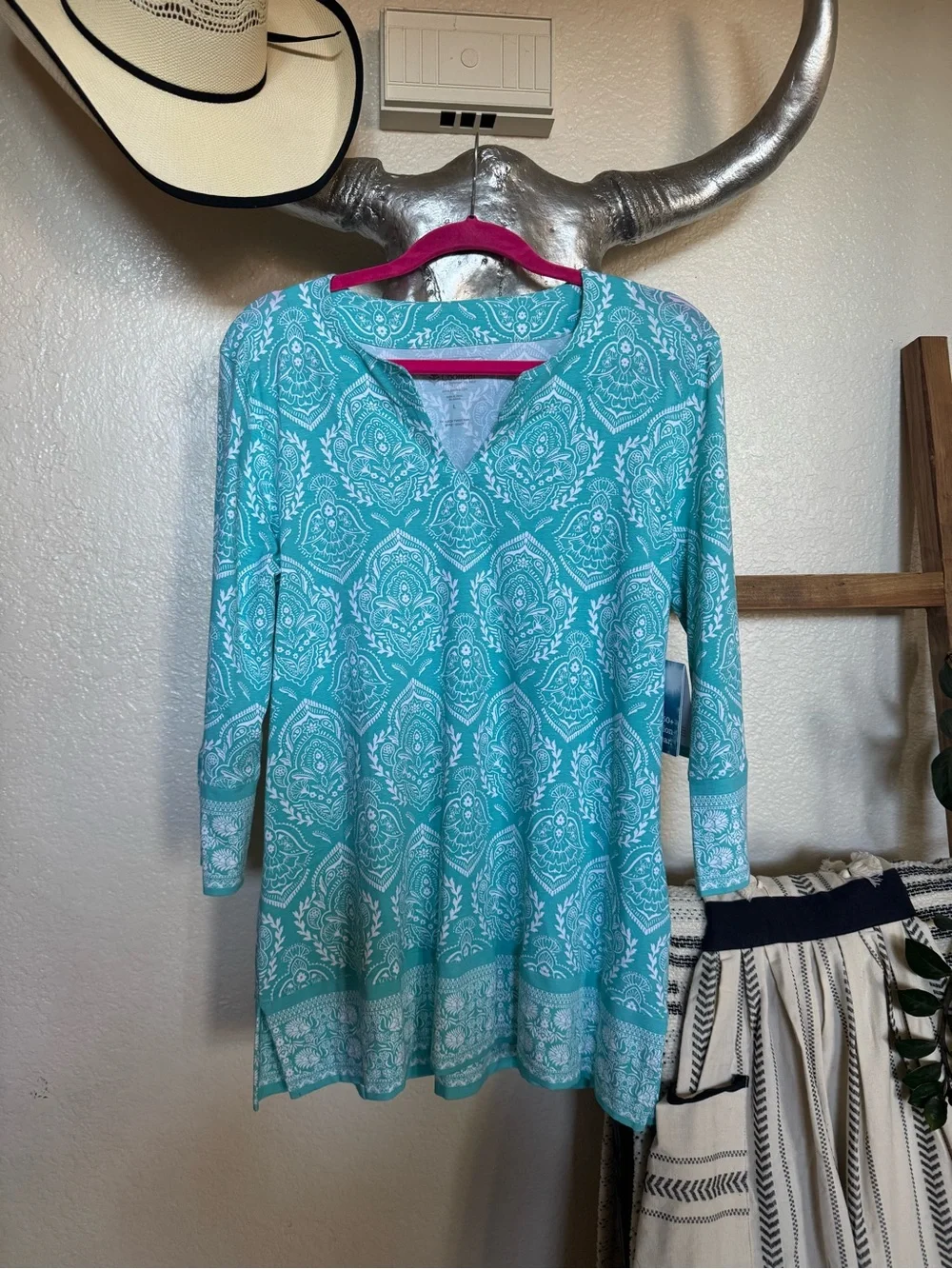 Coolibar Turquoise Paisley-Print Swim Cover-Up Tunic - Picture 2 of 7